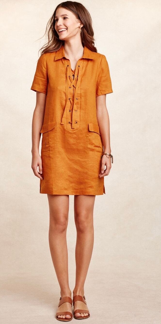 Anthropologie Maeve Mini Dress Orange Linen Lace Up Front Tunic size 4